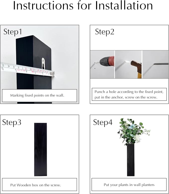 4PCS Black Wall Planters Modern Farmhouse Indoor Decor | Wood Wall Decor, Hanging Planter, For Living Room & Bathroom, Dried Flowers & Faux Greenery