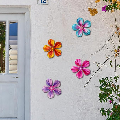 Giyyomtr Metal Flowers Wall Decor - 4pcs Metal Wall Art Hanging Decorations for Outdoor Fence Garden Yard Patio Exterior Wall Decor