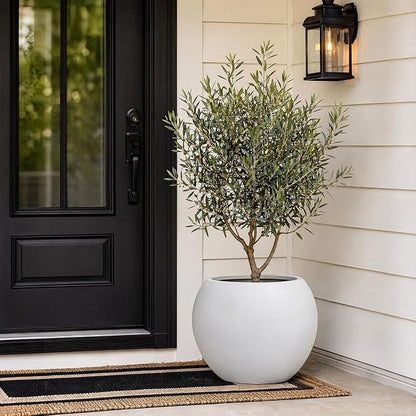 13.5" H x 17" Dia White Fiberstone Planter Pot with Drainage Hole, Large Round Indoor Outdoor Flower Pot for Artificial Olive Trees, Large Plants, Decorative Planter for Patio, Porch & Garden