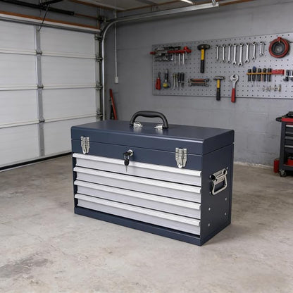 4 Drawers Metal Tool Box, 21'' Portable Metal Tool Box with EVA Liners & Auto-Locking Mechanism, Heavy Duty Steel Tool Chest with Ball-Bearing Drawer Slides & Convenient Top Handle, Grey