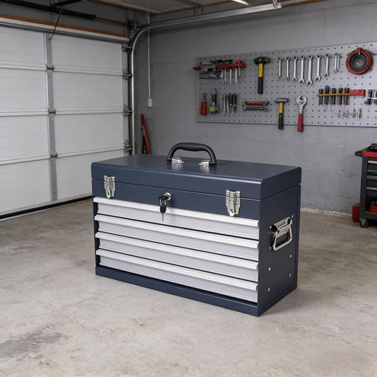 4 Drawers Metal Tool Box, 21'' Portable Metal Tool Box with EVA Liners & Auto-Locking Mechanism, Heavy Duty Steel Tool Chest with Ball-Bearing Drawer Slides & Convenient Top Handle, Grey