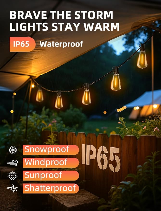 Outdoor Patio String Lights: 50Ft 15M Outside Waterproof Light - Remote Dimmable ST38 Shatterproof Bulb Connectable Hanging Outdoor Electric Lighting - Backyard Yard Gazebo Porch Party