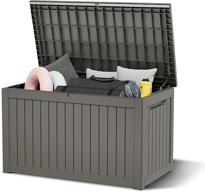 Outdoor Storage Box, 280 Gallon Resin Deck Boxes Outdoor Waterproof For Patio Furniture, Garden Tools, Pool Supplies, Lockable And UV Resistant (Striped Gray)