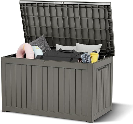 Outdoor Storage Box, 280 Gallon Resin Deck Boxes Outdoor Waterproof For Patio Furniture, Garden Tools, Pool Supplies, Lockable And UV Resistant (Striped Gray)