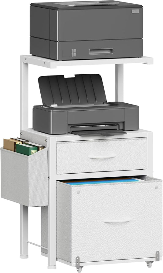 HIGDBFE 2-Drawer File Cabinet with Printer Stand & Dual Shelves, White | 2-Tier Printer Storage, Letter File Drawer, Reversible Side Bag, Smooth Drawer Slides, Rolling Support Board
