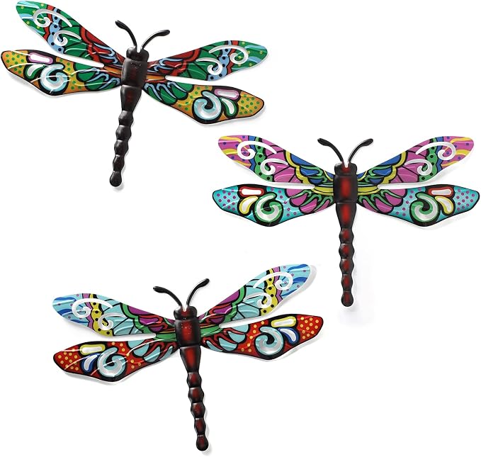 Metal Dragonfly Wall Decor，Outdoor Patio Fenxce Wall Art,Hanging Decorations for Living Room, Bedroom, 3 Pack