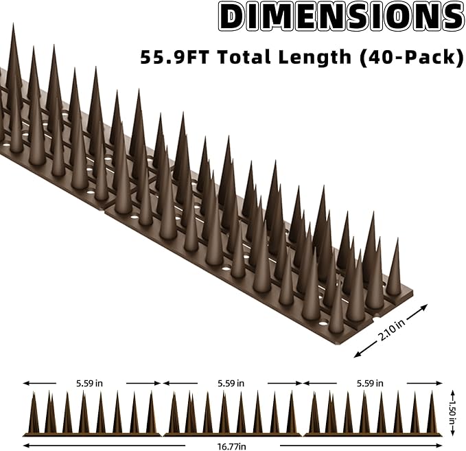 Bird Spikes, 30 Pack, 41.9 FT Total Coverage, Outdoor Bird Deterrent for Pigeons and Small Birds, Helps Keep Cats and Squirrels Away, Plastic Spikes for Fences, Railings and Roofs, Brown