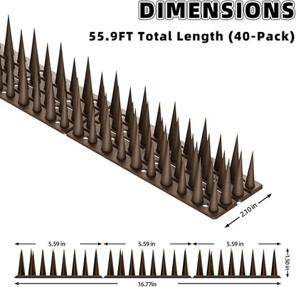 Bird Spikes, 30 Pack, 41.9 FT Total Coverage, Outdoor Bird Deterrent for Pigeons and Small Birds, Helps Keep Cats and Squirrels Away, Plastic Spikes for Fences, Railings and Roofs, Brown