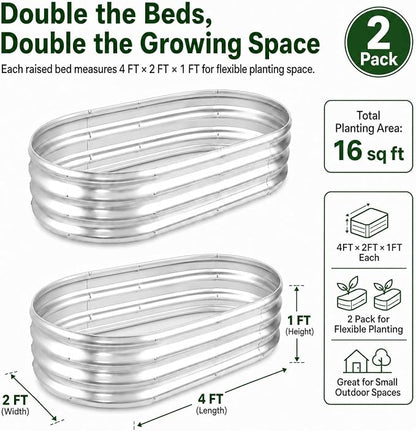 HOOPLE 2 Pack Raised Garden Bed 4x2x1FT, Galvanized Metal Raised Garden Bed Outdoor, Oval Design with Open Base for Better Drainage, Compact Garden Bed for Vegetables, Herbs & Flowers