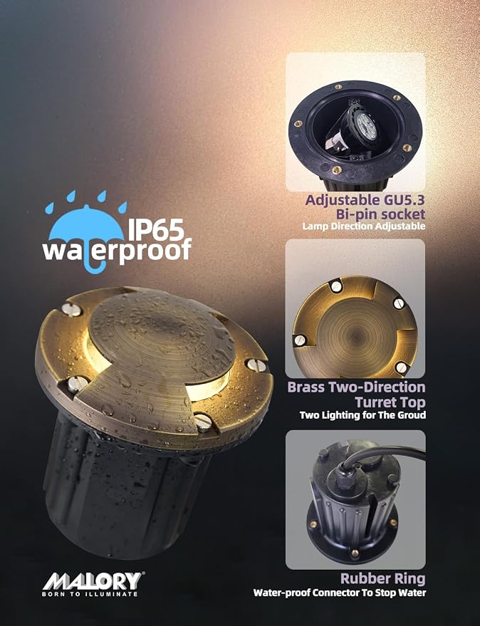 MALORY Brass Top Cover Landscape Well Lights,(φ126 mm) 12V Low Voltage Outdoor In Ground Lights,Landscape Lighting for Pathway, Driveway and Garden (Two-Direction Turret, 10-Pack with Bulb)