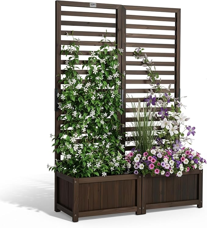 VINGLI Wooden Planter with Trellis, 51" Height Elevated Garden Beds Outdoor, FreeStanding Planter Box with Drainage Holes for Flower, Vegetable, Fruit, Herb in Garden, Patio, Balcony - 2PCS