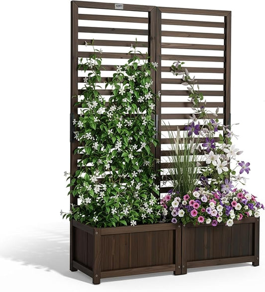 VINGLI Wooden Planter with Trellis, 51" Height Elevated Garden Beds Outdoor, FreeStanding Planter Box with Drainage Holes for Flower, Vegetable, Fruit, Herb in Garden, Patio, Balcony - 2PCS