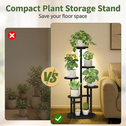 LASZOLA 5 Tiered Wood Plant Stand Indoor Corner with Grow Light, Flower Holder Rack Tall for Multiple Plants, Rustic Planter Shelf Display for Patio Garden Balcony Living Room， Black