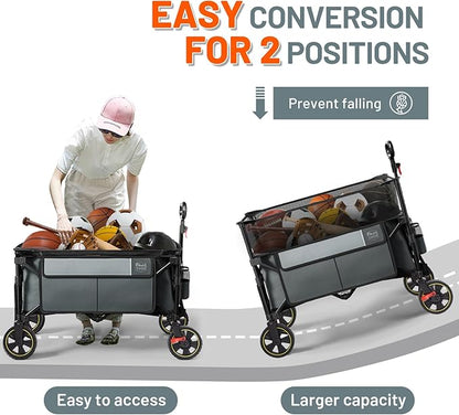 Timber Ridge 350L Extra Large Collapsible Folding Wagon Carts with Brake, Heavy Duty Outdoor Camping Utility Wagons with Extended Height, Adjustable Handle, Cup Holders, Side Bag (Gray)