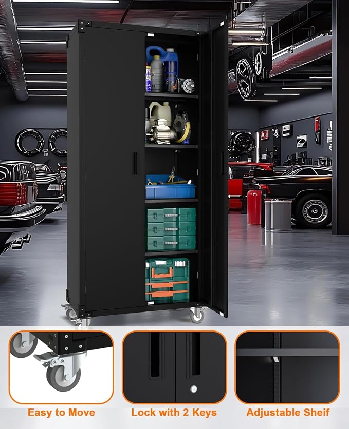 Garvee Storage Metal Cabinet 71" with Doors and 4 Shelves Adjustable Adjustable Feet and Lock Tall Storage Cabinet for Pantry Garage Craft Bedroom Office Shop