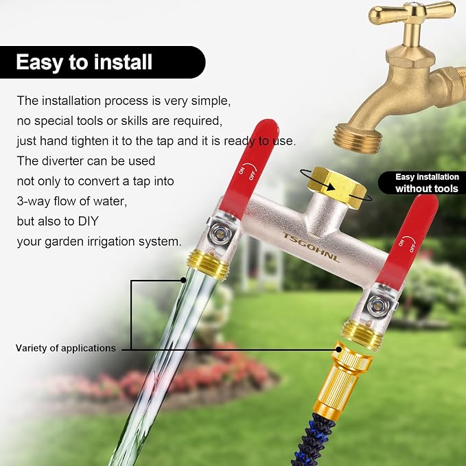 Hose Splitter 2 Way Heavy Duty Brass Garden Hose Splitter 3/4-in GHT | Outdoor Faucet Splitter With 2.1" Extra Long Handle, Lead-free, 2.7" Wide Spacing Fits Large Irrigation Timers, Garden, Lawn