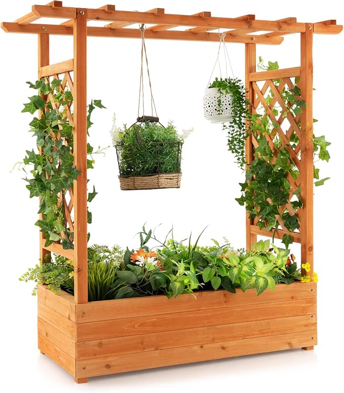 S AFSTAR Raised Garden Bed with Arch Trellis, Wood Planter Box with Hanging Roof, Side Trellis, 4 Drainage Holes, Above Ground Elevated Garden Bed for Outdoor Climbing Plants Vines Patio