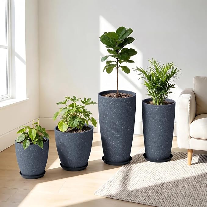 ZMTECH 4 Pack Plastic Planters 21/18/12/10in, Indoor Outdoor Round Planter for Porch, Large Plant Pot with Drainage Hole for Home Garden Front Door, Modern Decorative Pots for Plants (Dark Gray)