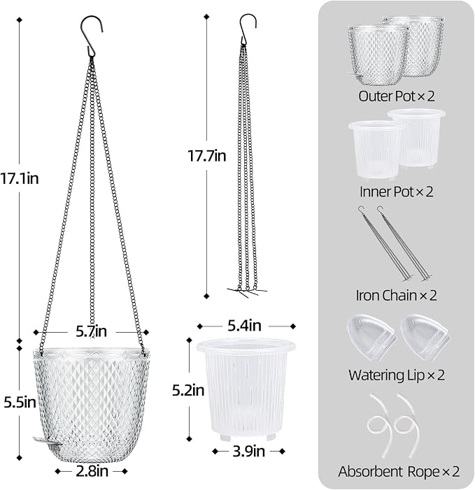 QCQHDU 5.7 Inch 2 Pack Small Hanging Planters for Indoor Outdoor Plants,Self Watering Flower Pots Hanging Basket Plant Hanger with Drainage Holes and 3 Hooks for Window Porch Garden Balcony, (White)