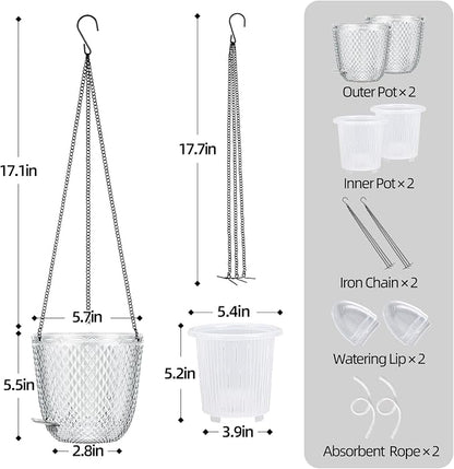 QCQHDU 5.7 Inch 2 Pack Small Hanging Planters for Indoor Outdoor Plants,Self Watering Flower Pots Hanging Basket Plant Hanger with Drainage Holes and 3 Hooks for Window Porch Garden Balcony, (White)