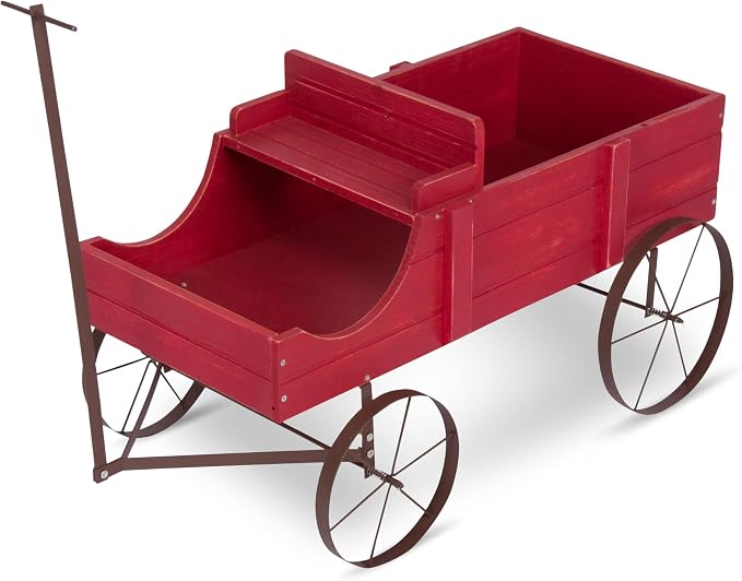 Shine Company Decorative Wagon Garden Planter, Wooden Wagon Yard Décor for Outdoor Plants, Large, Red