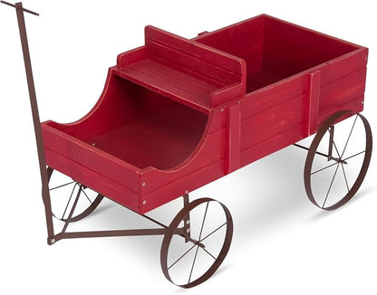 Shine Company Decorative Wagon Garden Planter, Wooden Wagon Yard Décor for Outdoor Plants, Large, Red
