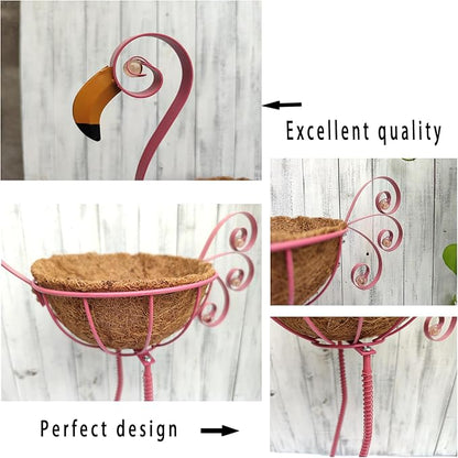 COOZZYHOUR Metal Flamingo Planter with Basket -Garden Bird Planters for Outdoor Indoor Lawn,Yard,Porch,Patio, Garden Decorations（Set of 2）