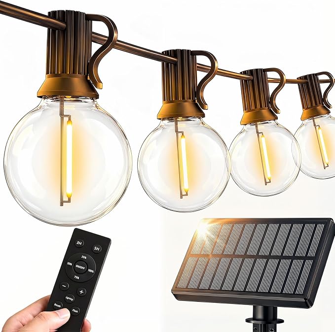 100FT Solar String Lights Outdoor Waterproof, G40 Patio Lights Shatterproof Bulbs with Remote Control, Dimmable Timer 3 Lighting Modes for Porch, Yard, Backyard, Garden, Camping Decor