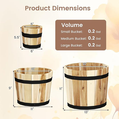 HAPPYGRILL Wooden Plant Pots, 3 Solid Acacia Wood Whiskey Barrel Planters w/Drainage Holes for Flower Herb Shrub, Multi Sizes Indoor Outdoor Patio Planting Flower Pots Home Decoration