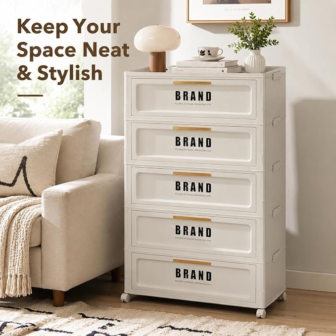 Foldable Storage Cabinet with Doors & Locking Wheels, 5-Tier Large-Capacity Organizer, No-Tool Setup, Impact-Resistant ABS Construction for Dorm, Pantry, Laundry, and Living Spaces