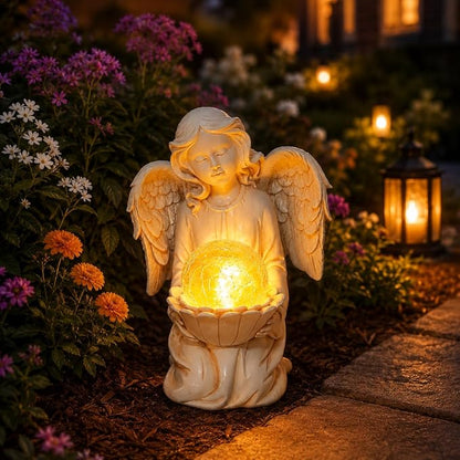 Angel Statue Outdoor Decor, Angel Garden Statues Holding Lotus Flower with Crackle Glass Globe Solar LED Lights Yard Decorations Lawn Ornaments Figurines for Outside or Gardening Gifts