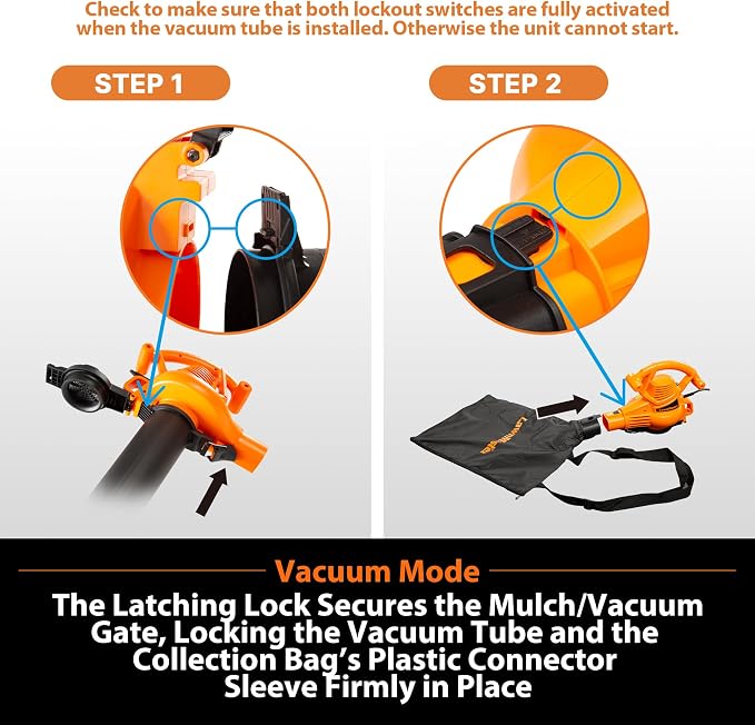 LawnMaster BV1210 Electric Blower Vacuum Mulcher 12 Amp 2-Speed Adjustment with Metal Impeller 240 MPH 380 CFM 16:1 Mulch Ratio with Collection Bag