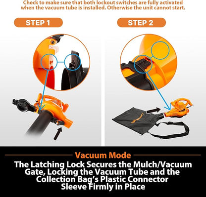 LawnMaster BV1210 Electric Blower Vacuum Mulcher 12 Amp 2-Speed Adjustment with Metal Impeller 240 MPH 380 CFM 16:1 Mulch Ratio with Collection Bag