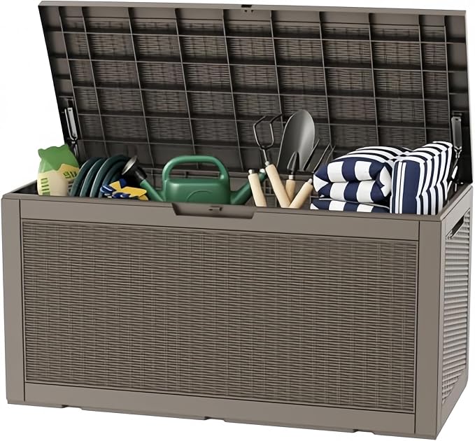 100 Gallon Deck Box, Waterproof Resin Outdoor Storage Box with Lockable Lid, Patio Storage Box with Fade Resistant for Patio Furniture Cushions, Pool Accessories, Garden Tools, Light Coffee