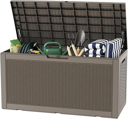 100 Gallon Deck Box, Waterproof Resin Outdoor Storage Box with Lockable Lid, Patio Storage Box with Fade Resistant for Patio Furniture Cushions, Pool Accessories, Garden Tools, Light Coffee