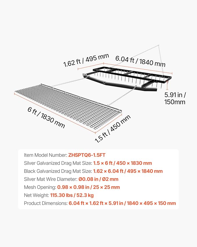 VEVOR Drag Harrow, 6 ft Tow-Behind Driveway Grader with Chain Harrow, Adjustable Width & 80lbs Load Capacity, Heavy Duty Lawn Leveling Rake, Fits ATVs UTVs Tractors, for Gravel Driveway Field