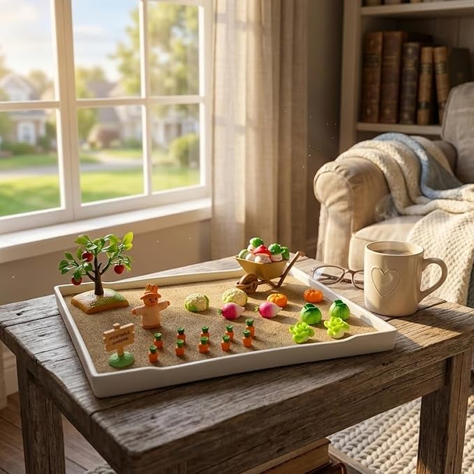 Zen Garden for Desk, Vegetable Sand Tray Kit with Miniatures | Create and rearrange a miniature harvest scene with fine sand, garden figures, tools, and mushroom tic-tac-toe pieces