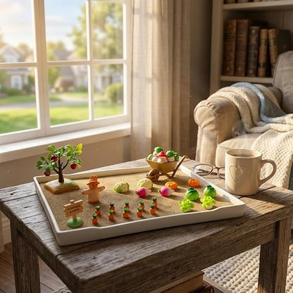 Zen Garden for Desk, Vegetable Sand Tray Kit with Miniatures | Create and rearrange a miniature harvest scene with fine sand, garden figures, tools, and mushroom tic-tac-toe pieces