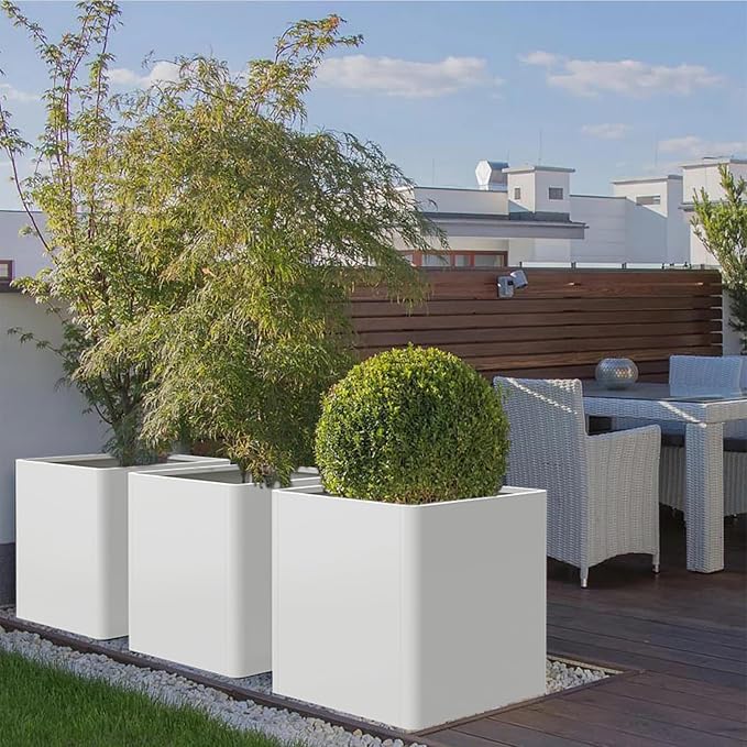 White Steel Square Planter 24" L x 24" W x 25" H,Cube Heavy Duty Flower Pot for Outdoor Plants with Drainage Holes,Metal Planter Box for Indoor and Outdoor All-Weather Use
