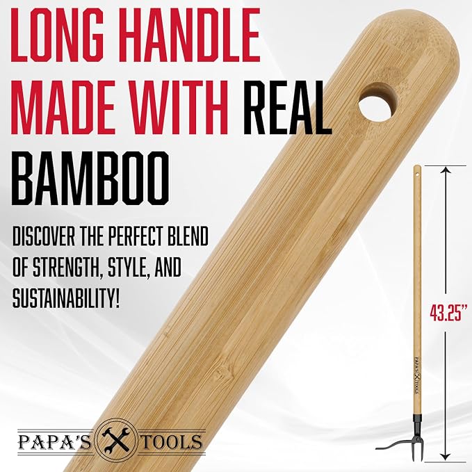 Papa's Tools One-Piece Weed Puller Tool - Stand Up Weeder, Heavy Duty Long Wooden Handle, Real Bamboo, 4-Claw Steel Head