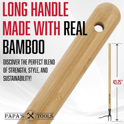 Papa's Tools One-Piece Weed Puller Tool - Stand Up Weeder, Heavy Duty Long Wooden Handle, Real Bamboo, 4-Claw Steel Head