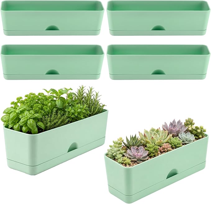 6 Pack Rectangle Planter 16x4.4 Inch Window Boxes Planters Rectangular Window Sill Planters Indoor Self Watering Plant Pots with Drainage Holes and Saucers Succulent Herb Flower Pots, Green