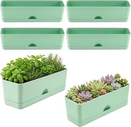 6 Pack Rectangle Planter 16x4.4 Inch Window Boxes Planters Rectangular Window Sill Planters Indoor Self Watering Plant Pots with Drainage Holes and Saucers Succulent Herb Flower Pots, Green
