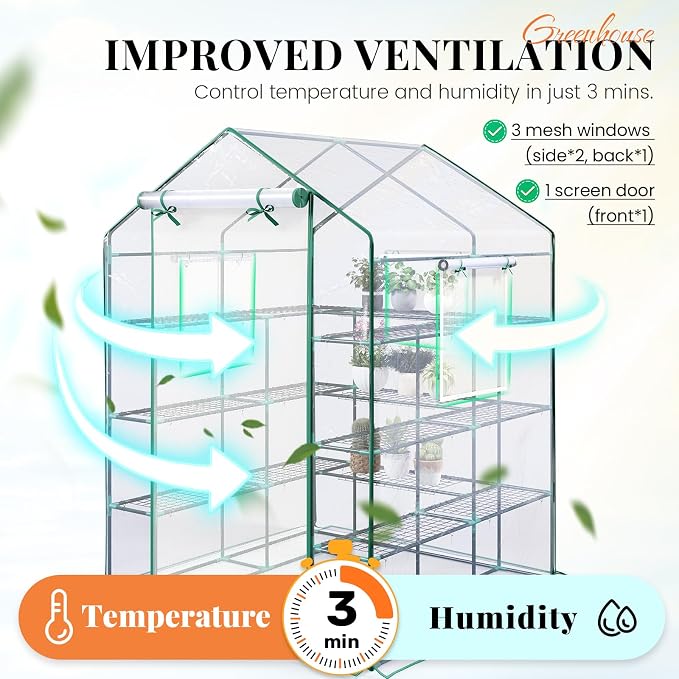 KING BIRD Premium Greenhouse for Outdoors, 56x56x78 in Walk-in Hot House with Thickened Cover, Reinforced Frame, Screen Windows & Mesh Door, 4 Tiers 12 Shelves for Outside Garden Seedlings, Clear