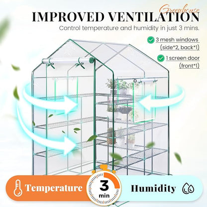 KING BIRD Premium Greenhouse for Outdoors, 56x56x78 in Walk-in Hot House with Thickened Cover, Reinforced Frame, Screen Windows & Mesh Door, 4 Tiers 12 Shelves for Outside Garden Seedlings, Clear
