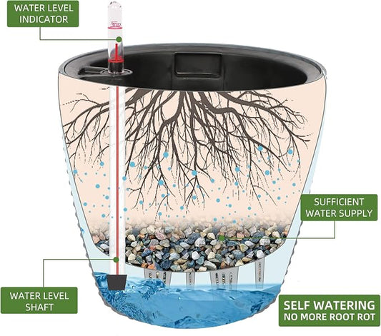 Dexceder 9x8 Self Watering Planter (Deep Gray Rattan) | Inner Pot Design, Thickened Table Flower Plant Pot with Water Level Indicator Indoor Outdoor