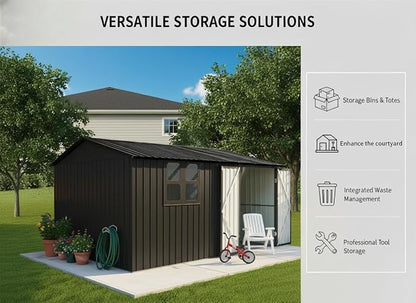 KEIKI 12x10 Ft Metal Outdoor Storage Shed Garden with Window, Foldable Worktable & Shelves, Lockable Door, Waterproof Apex Roof Heavy Duty Tool House for Backyard Garden Lawn, Black