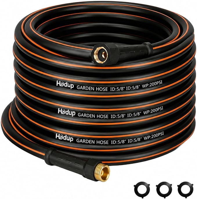 50 FT Heavy Duty Garden Hose 5/8 Inch - Non-Expandable Hybrid Rubber Water Hose, Flexible All-Weather Leakproof Yard Hose with Solid Fittings for Lawn, Car Washing & Patio Cleaning (Black/Orange)