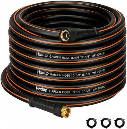 50 FT Heavy Duty Garden Hose 5/8 Inch - Non-Expandable Hybrid Rubber Water Hose, Flexible All-Weather Leakproof Yard Hose with Solid Fittings for Lawn, Car Washing & Patio Cleaning (Black/Orange)