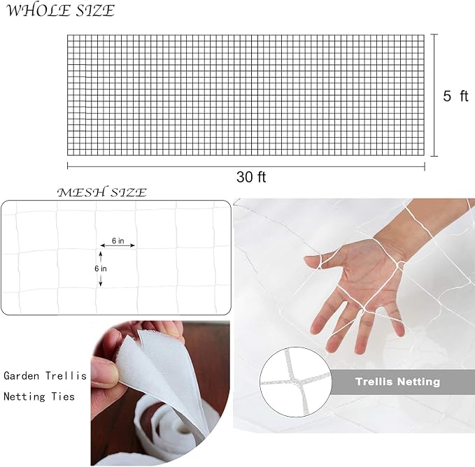 BaseGoal All-Weather Trellis Netting Mesh Plant Garden Vine Growing Flexible String Net (6" Mesh ployester, 5' Wx 30'L)